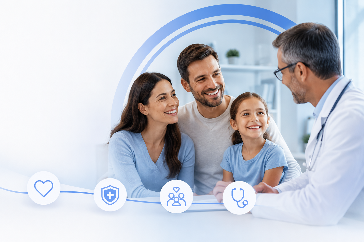 Familia feliz y saludable, cuidado médico